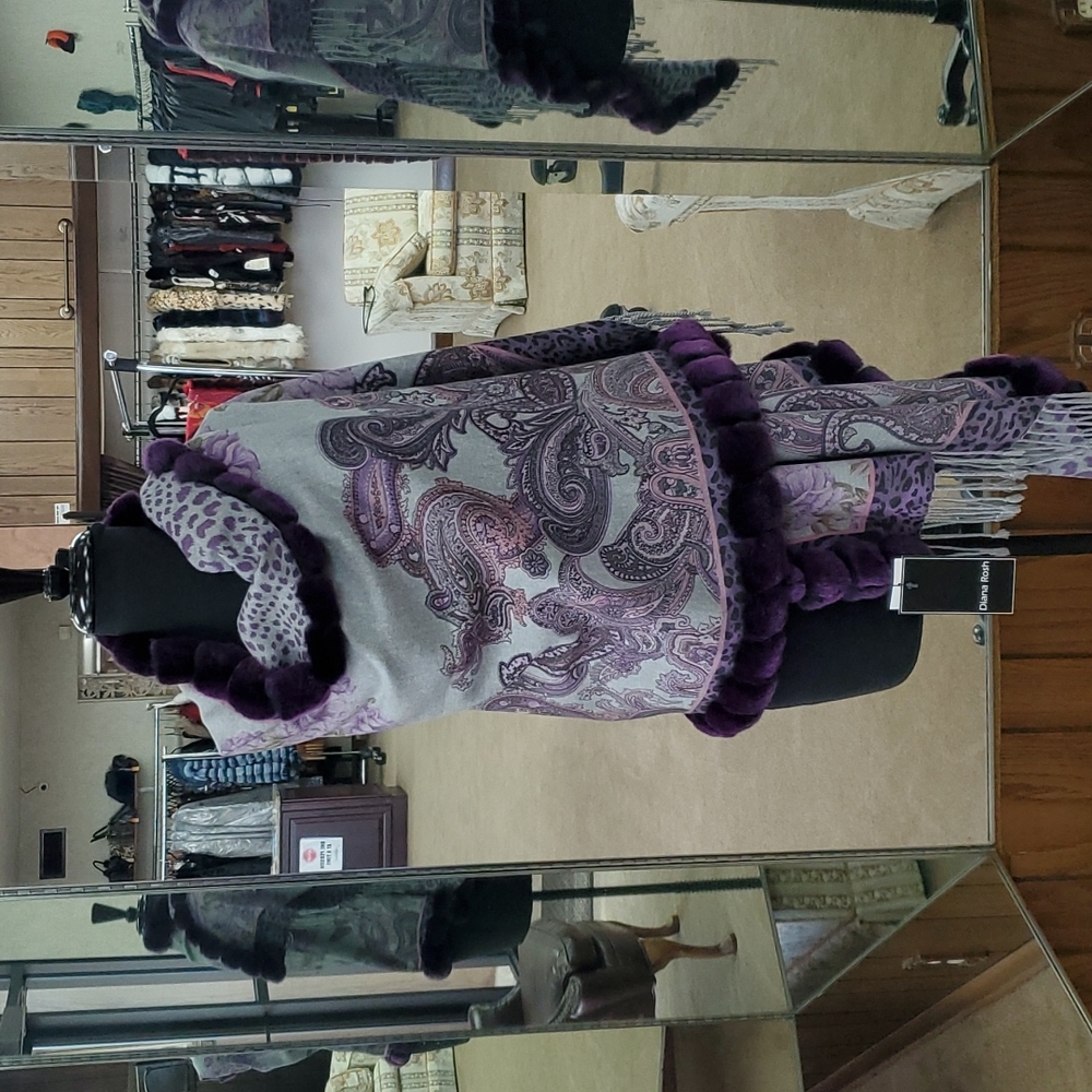 Cashmere Shawl Wrap with Rex Rabbit Fur Trim